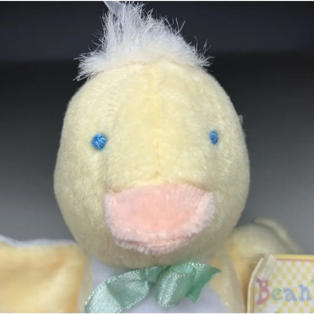 Vintage Eden Duck Beanbag Rattle Plush 5” Pastel Yellow Chick Green Bow NWT